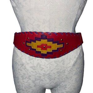 Leather Shop Vintage Womens Belt Size Medium Red Statement Gold Studs